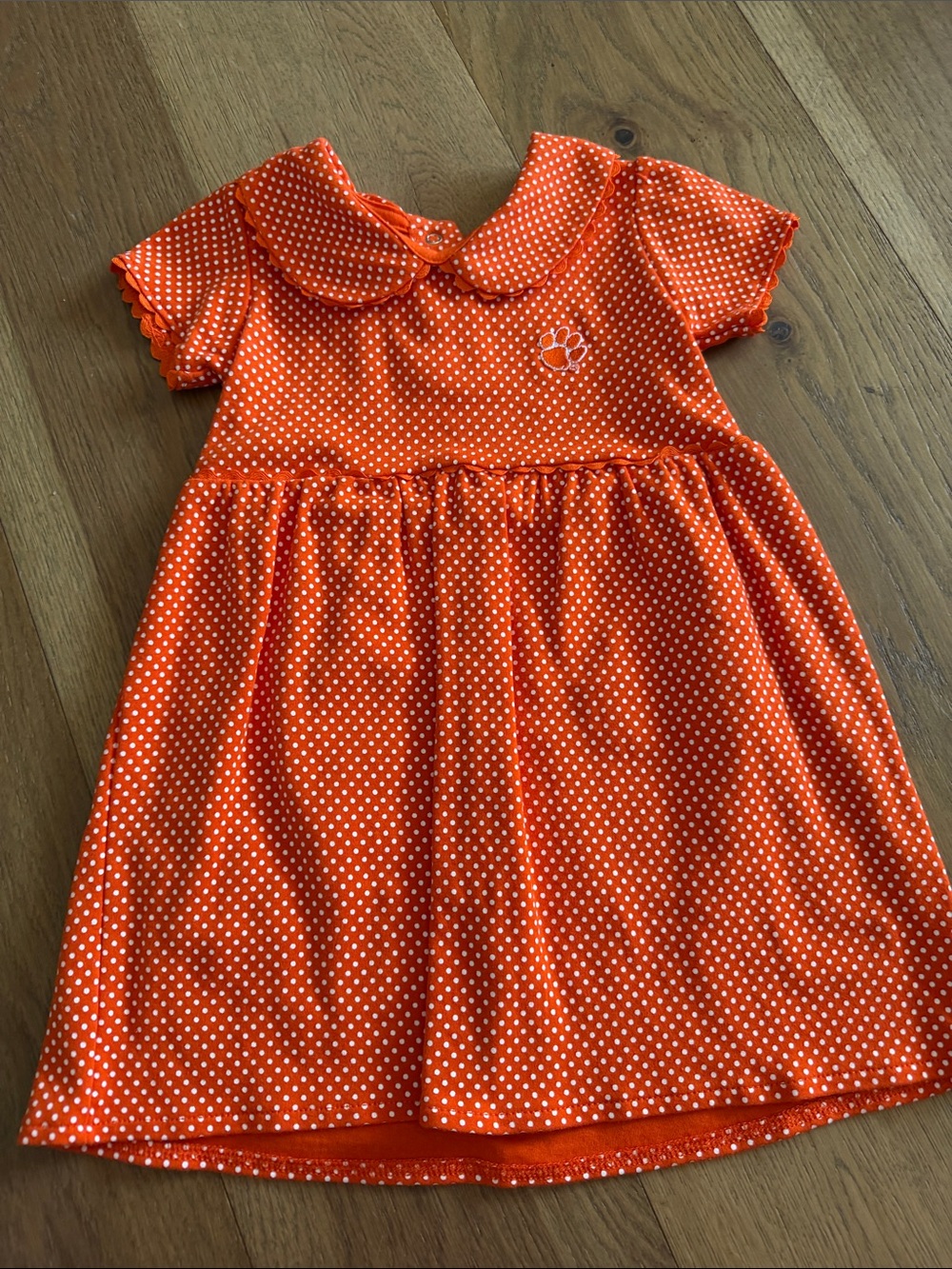 CLEMSON! 
Girls Orange Polka Dot Dress with Peter Pan Collar